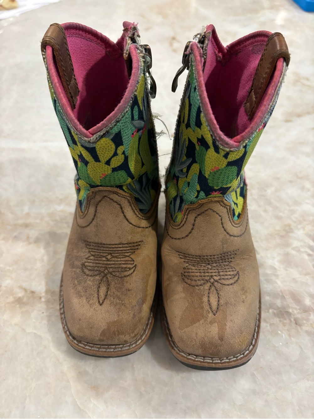 Ariat Kids Brown Suede Boots with Green Floral Shaft and Pink Lining
